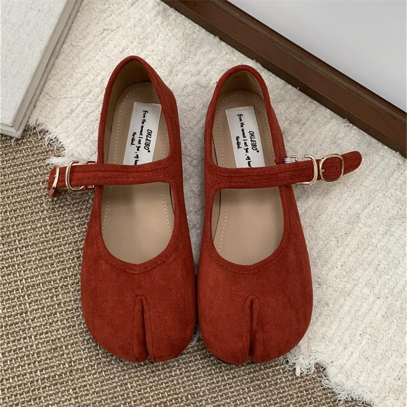 Fashion IPPEUM Women Ballet Flats Velvet Red Split Toe Shoes Buckle 2025 New Summer Mary Janes