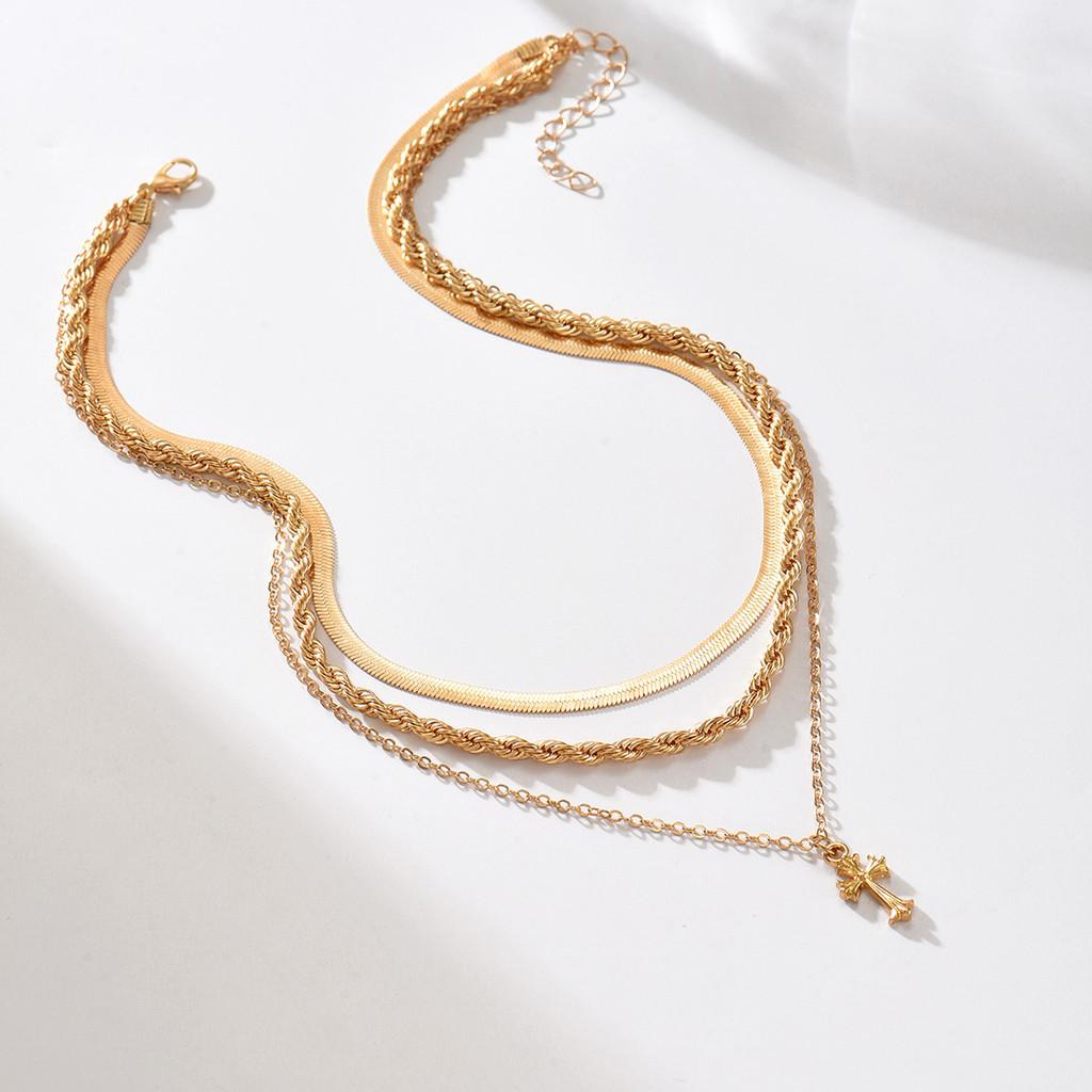 Cross Pendant Necklace Metal Jewelry For Women With Geometric Design And Multilayer Style