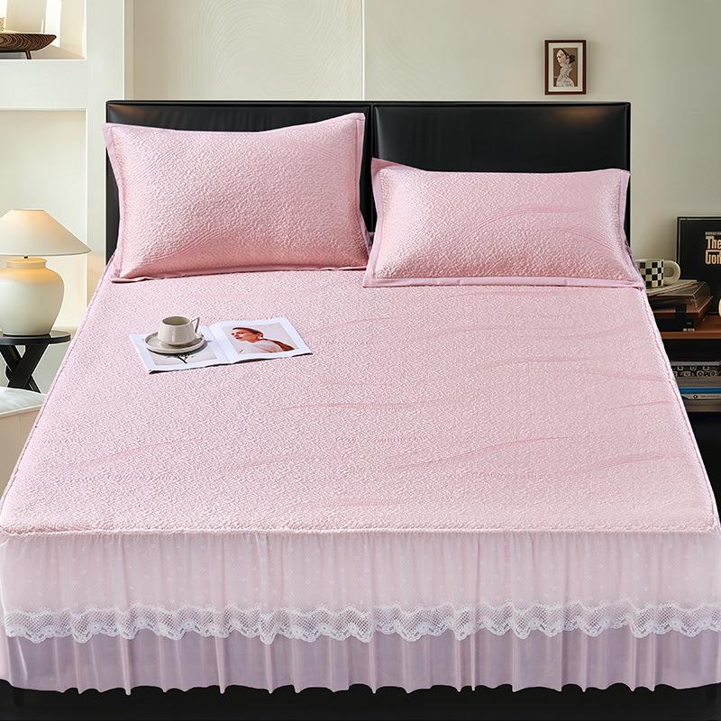 Machine-Washable Ice Silk Bed Skirt & Jacquard Cool Mat Set - Foldable, Soft Summer Air Conditioning Mat for Home Use