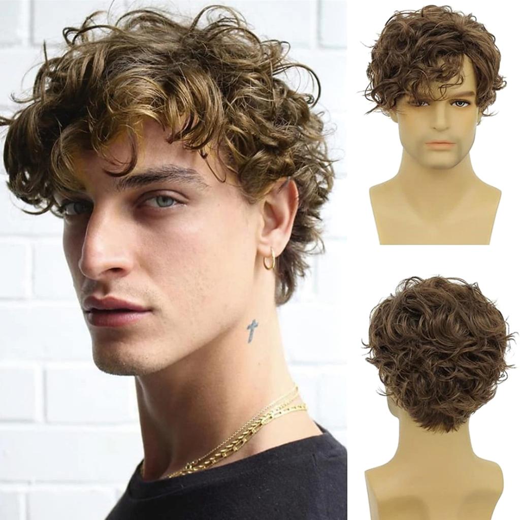 Short Fluffy Curly Synthetic Wig Long Bangs Naturally Curl Fake Hair Replacement For Men Boys Daily Use Hair Styling