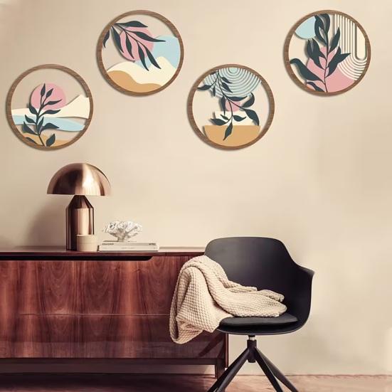 4 Pcs Boho Wall Art Round Bohemian Sunset Wooden Minimalist Poster for Farmhouse Abstract Plant Hollow Out Wall Hanging Decor