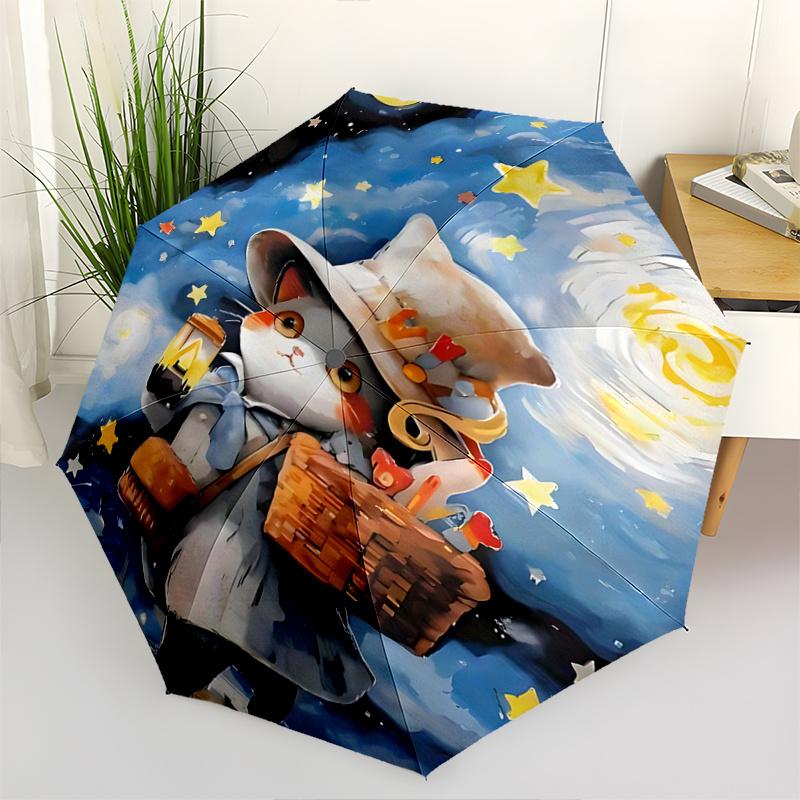 1pc Starry Night Adventure Magical Cat Hat with Lantern & Basket Automatic Opening/Closing Umbrella - Perfect for Outdoor Fun, Festive Gifts, and