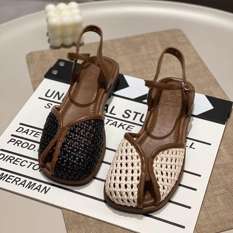 2025 New Retro Women Mesh Flats Sandals Designer Open Toe Shoes Summer Trend Walking Soft Shoes Shallow Buckle Shoes