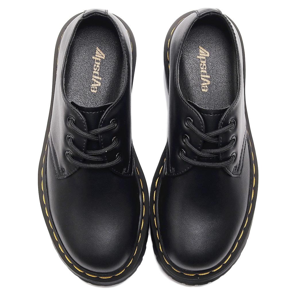 Sapatos Pequenos de Couro com Solado Grosso de 3 Furos Femininos de Cano Curto, Couro Macio Couro Redondo Casual Estudante Salto Bolacha Botas Curtas