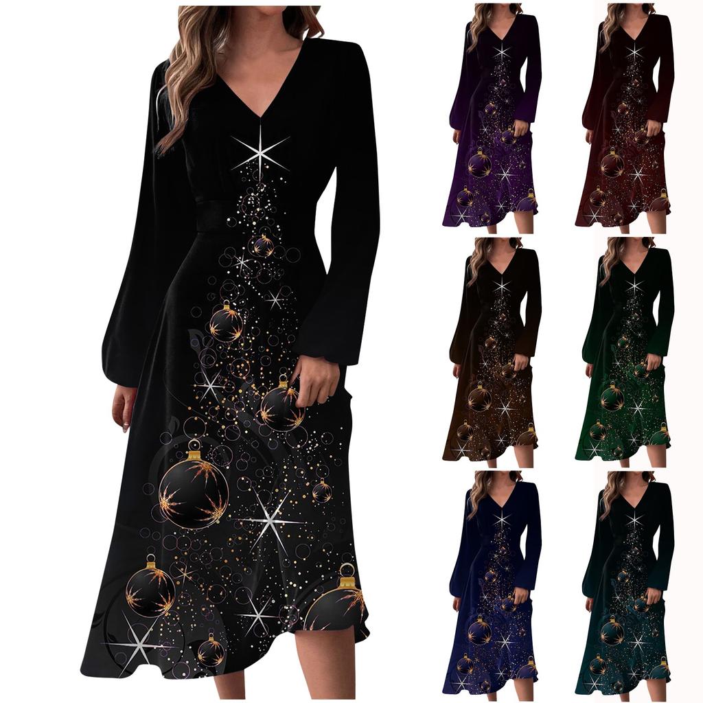 Women's Autumn And Winter Casual Fashion V-neck Long Sleeve Christmas Tree Print Long Dress