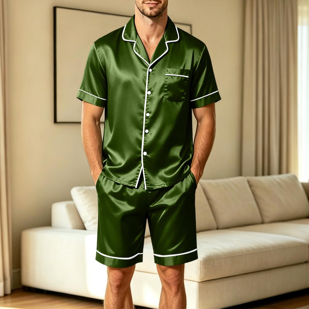 Men's Short Sleeve Pajama Set with Chest Pocket and Two Pocket Shorts for Casual Sleepwear