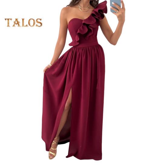 Lady Evening Dress One Shoulder Sleeveless Split Hem Solid Color Ruffle Pleated Solid Color Off Shoulder Prom Cocktail Party Maxi Dress Ball Gown