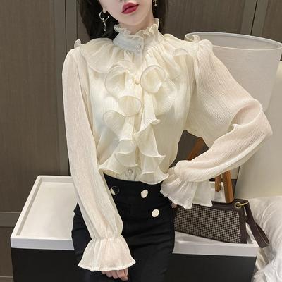 Elegant Spring New Ruffle Stand Collar Long Sleeve Chiffon Shirt Solid Women Blouses Black Shirts Cardigan