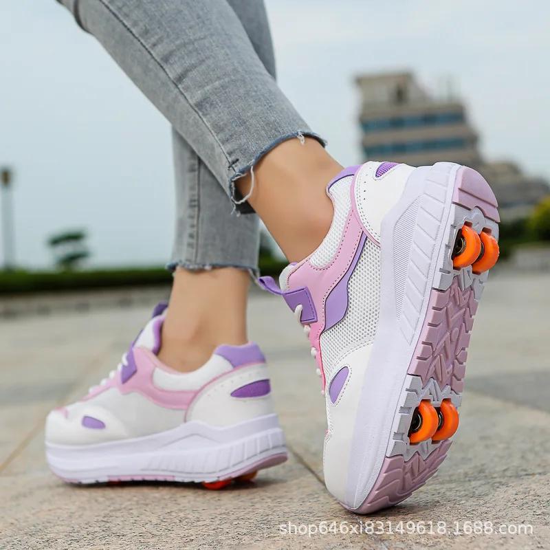 Runaway Shoes Double Wheel Children Removable Breathable Net Skating Roller Skates Men and Women Children Can Walk