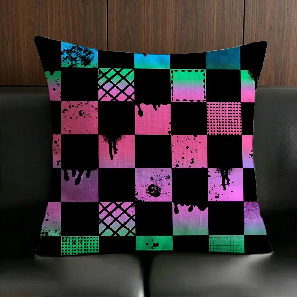 Merchandise Anime Checkerboard Cushion Cover Anti Dustmite Pillowcase Invisible Zipper Silky Short Plush Sofa Cushion Cover