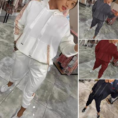 2 Pcs/Set Women Hoodie Pants Suit Long Sleeves with Sequined Pocket Solid Color