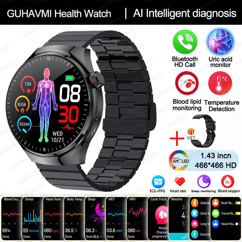 

2025 Новые умные часы для медсестер, кислород в крови, липиды в крови, мочевая кислота, ЭКГ+ППГ, температура тела, Bluetooth, вызов, здоровье, умные часы black-steel B