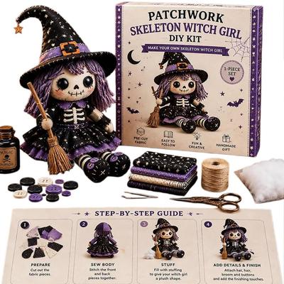 Patchworkowa Dziewczynka-Wiedźma z Czaszką Zestaw DIY Halloweenowy Zestaw do Szycia i Rękodzieła Przyjazny dla Początkujących Zestaw do Tworzenia Ręcznie Szytej Lalki Patchworkowej (2 kawałki)