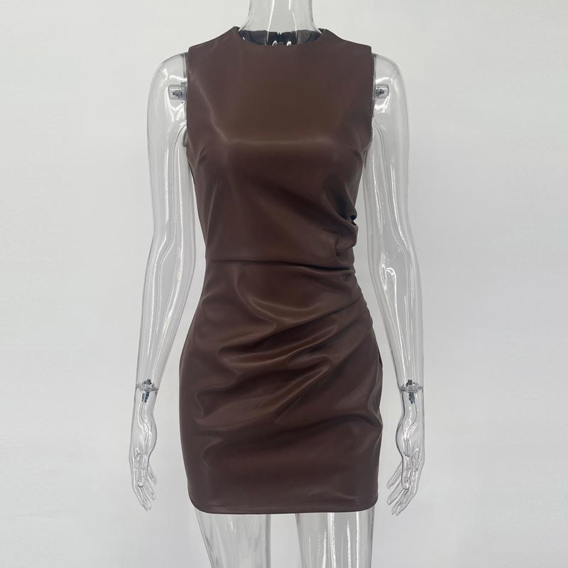 

PU Leather Bodycon Dress Women Black Round Neck Retro Short Dress Y2k Leather High Waist Party Evening Dress 2026 L коричневий