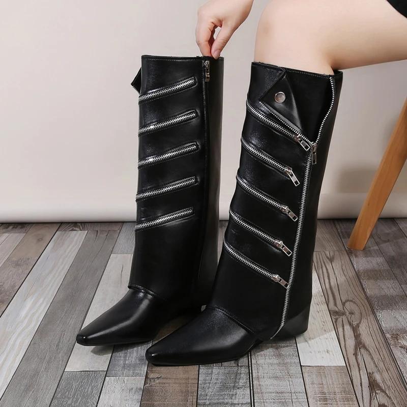 Mode Bottes Hautes Mode Bout Pointu Vêtements d'Extérieur Fermeture Éclair Latérale Antidérapantes Résistantes à l'Usure Compensées Bottes Cuisardes Mi-Cuisse