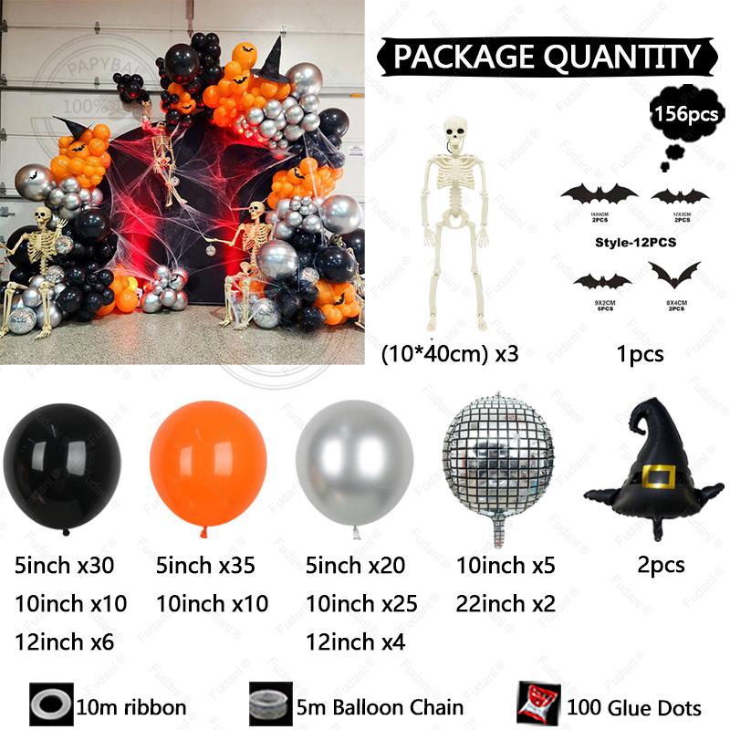 

156pcs Halloween Balloons Garland Arch Kit Orange Black Silvery Balloons for Halloween Graduation Party Decorations Supplies Other