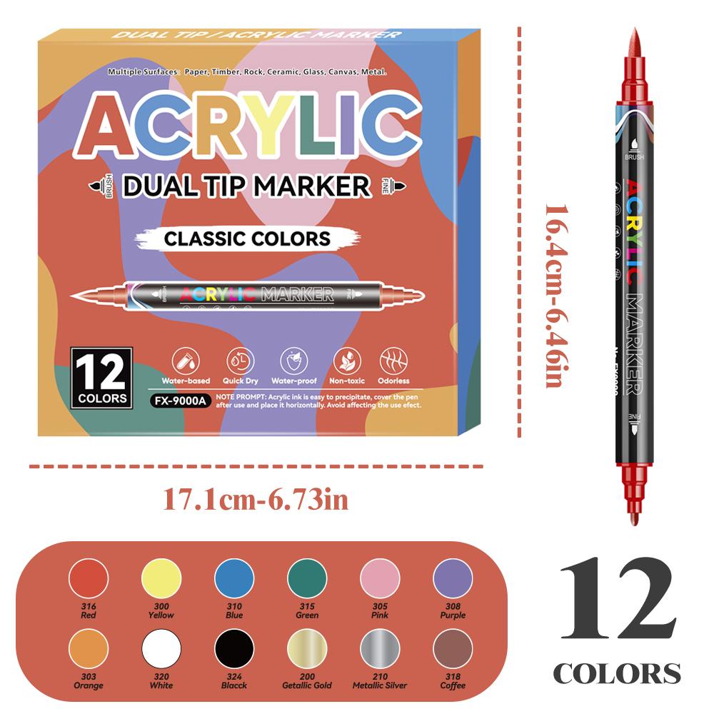 Premium Direct Liquid Dual Tip Acrylic Marker 12 Colors Brush Soft&Fine Tip Marker Art Painting Pen For Rock Graffiti