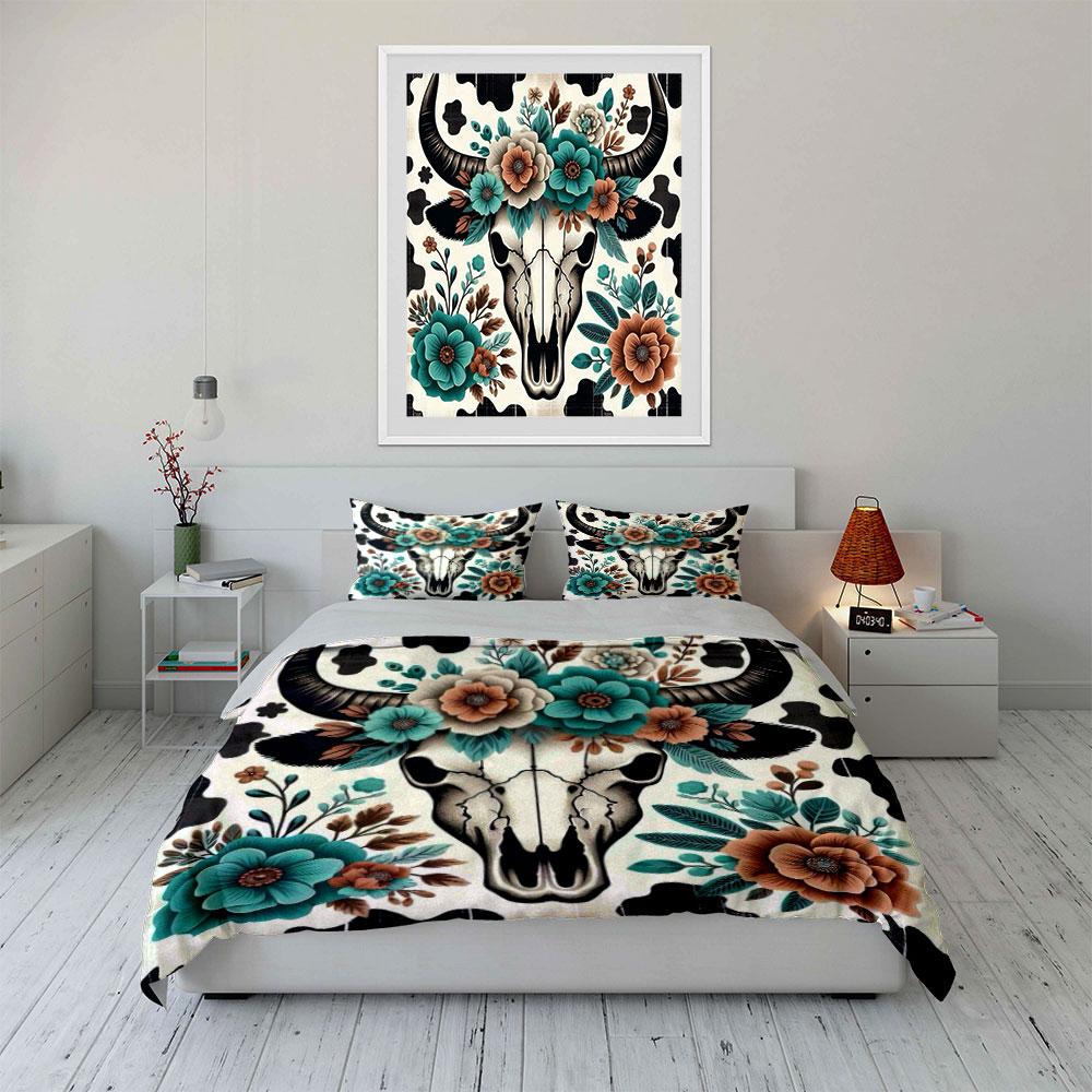 Floral Bull Skull Bedding Set Bedding Duvet Cover Set Duvet Cover Pillowcases (1 * Duvet Cover 2 * Pillowcases, Without Duvet Insert)