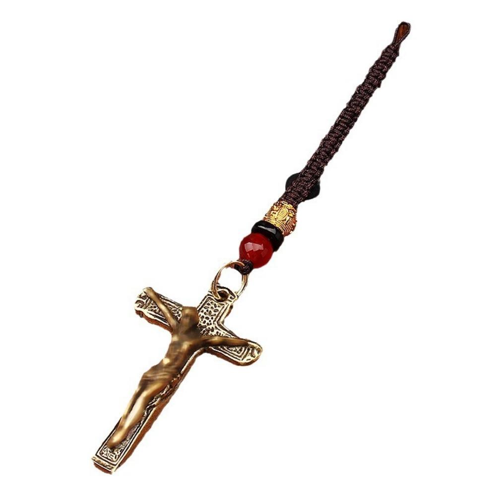 Cross Shape Jesus Statue Keychain Pure Copper Chapel Hanging Ornaments  Car Keychain