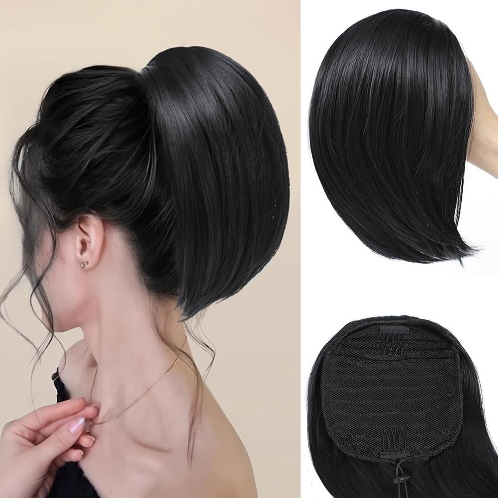 Pferdeschwanzverlängerung für glattes Haar für Frauen, einfach anzubringender Pferdeschwanz mit Kordelzug in natürlicher Schwarz-Grau-Mischung, verstellbares Gummiband mit sicherem Kamm