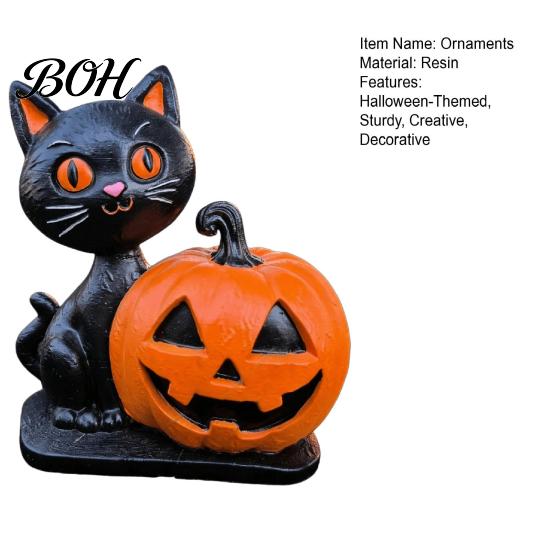 Decorative Resin Statues Halloween Black Cat Pumpkin Skull Statue, Cute Decoration for Durable Party Supplies Indoor Outdoor Yard Table Decor, Festive