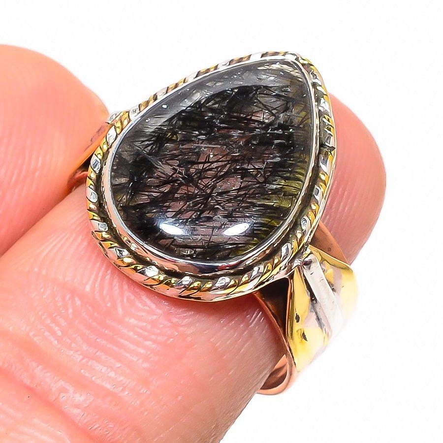 Natural Black Rutile Gemstone Two Tone 925 Sterling Silver Jewelry Ring S.8 z6L46