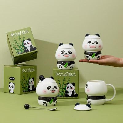 Embossed Panda Ceramic Mug with Lid and Spoon