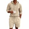 Men's Linen Casual Hooded Shirt & Shorts Set - Breathable, Long-Sleeved, Two-Piece.