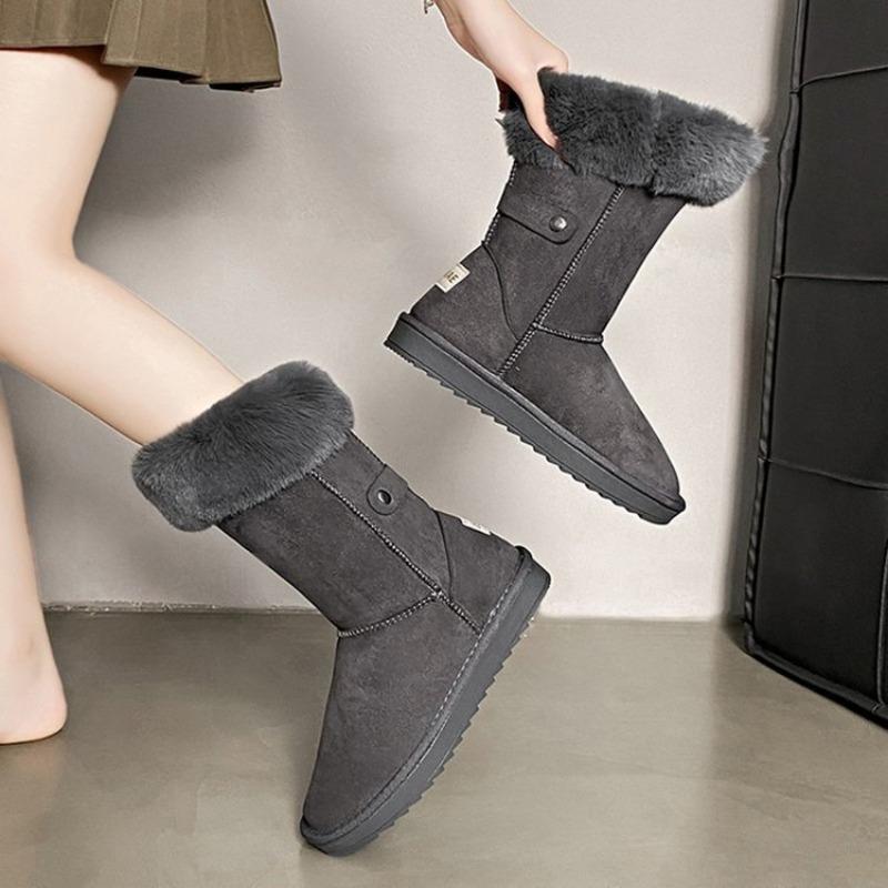 Medium boots women's new velvet thickened warm versatile sleeve thick-soled cotton boots large size