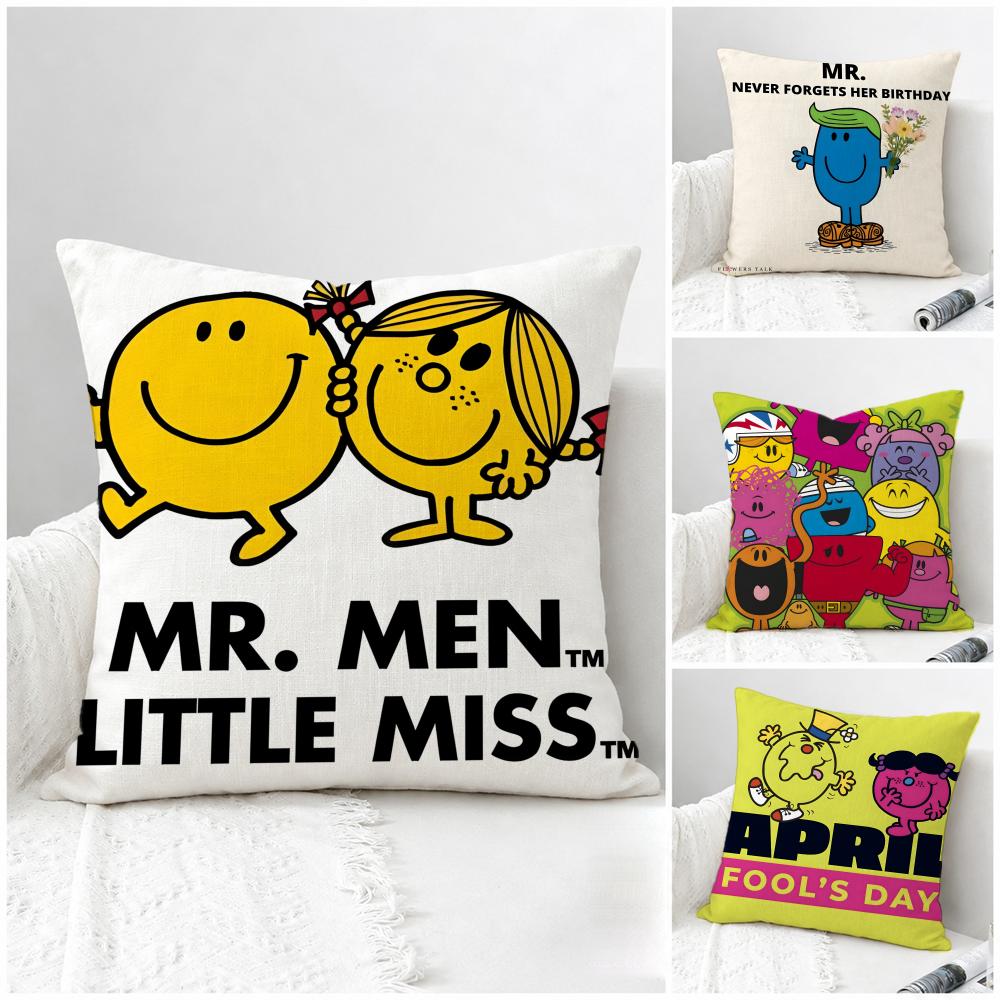 Cartoon Mr Men and Little Miss Cushion Cover Natural Linen Pillowcase Set AllinOne Decor for Sofa Bedroom Chair
