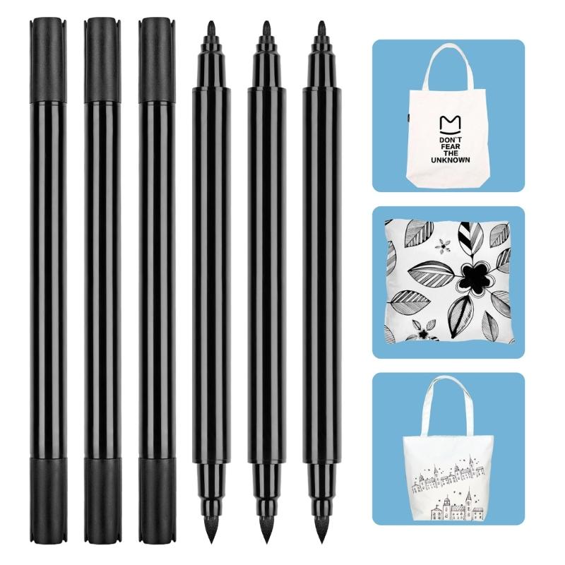 6Pcs  Double Tip Fabric Marker No Fading No Bleeding, Double Tip Black Fabric Paint Pen for Clothes Hat Canvas Bag Shoes