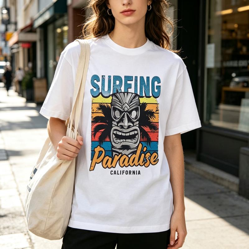 Surfing Paradise California Tiki Mask Palm Tree Vintage Graphic T Shirt Unisex Unisex Cotton Short Sleeve Tee Beach Surf Casual