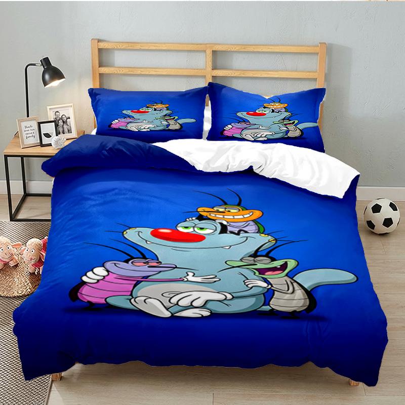 3PCS Oggy Bedding Set Printed Duvet Cover Closure Includes 1 Duvet Cover & 2 Pillowcases for All Seasons Bedroom Decor