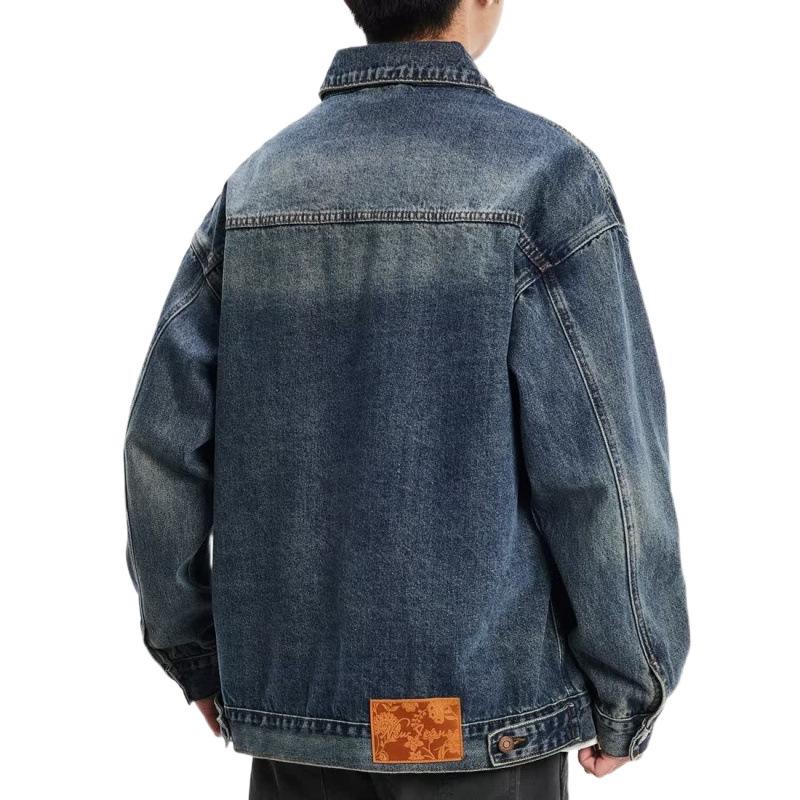 Men's Autumn Patchwork Denim Jacket: Precision Embroidery, Loose Fit, Plus Size Workwear Design.