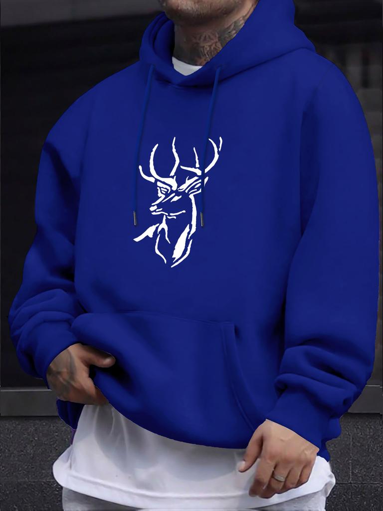 Men's autumn/winter hooded sweatshirt, deer head print casual long-sleeved pullover, simple, stylish and trendy top.