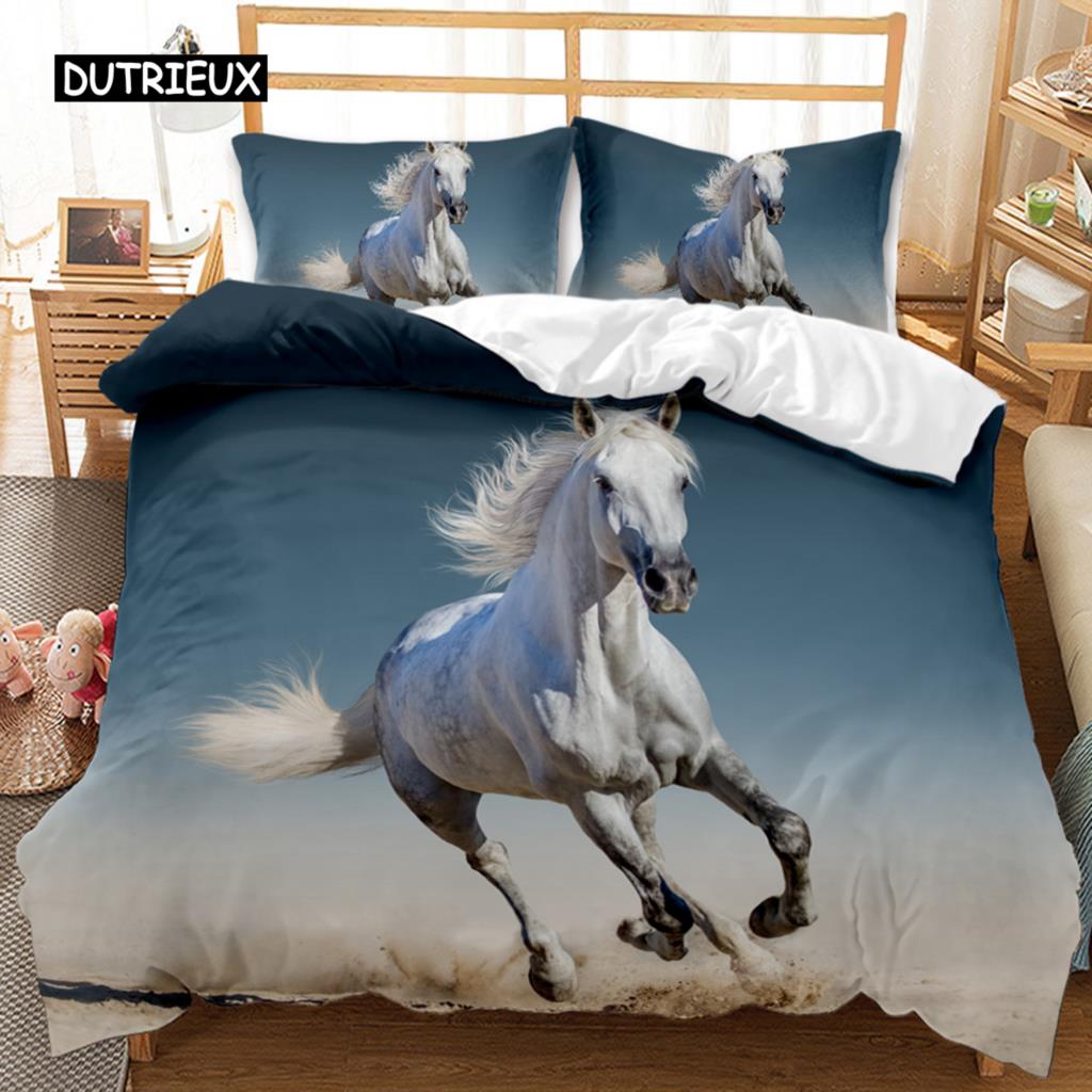 Horse Duvet Cover Set 3D Steed Print Comforter Cover Wildlife Bedding Set Animal Polyester Quilt Cover Double Queen King Size