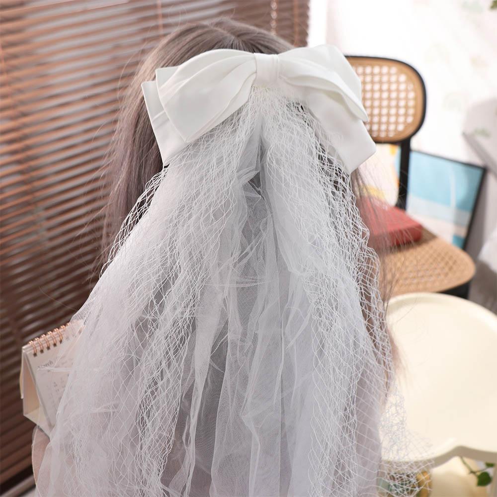 Short White Bridal Tulle Gauze Pearl Bow Veil Romantic Wedding Bridal Veil  Proposal