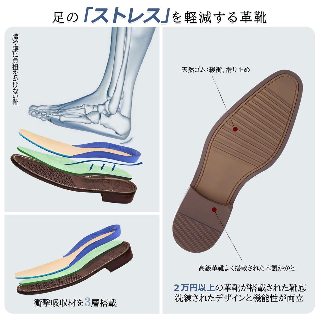 Foxsense Business Dress Genuine Premium Size Men's Shoes, Leather, Straight-Tip, Wingtip, Lightweight, Waterproof, Leather, Formal, Black, 25.5cm,