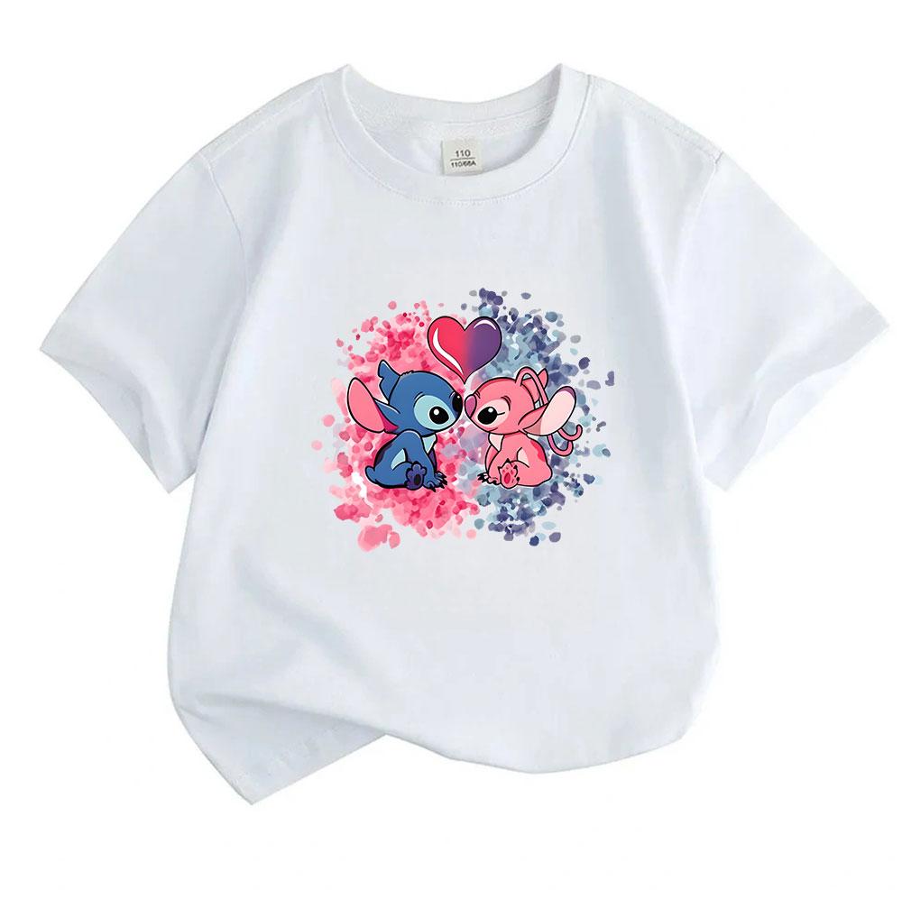 Kids Boys Girls 100% Cotton Short Sleeve O-Neck T-Shirt, Cute Blue Pink Alien Couple Print Tee With Gradient Heart Pattern, Casual Soft Breathable Sum