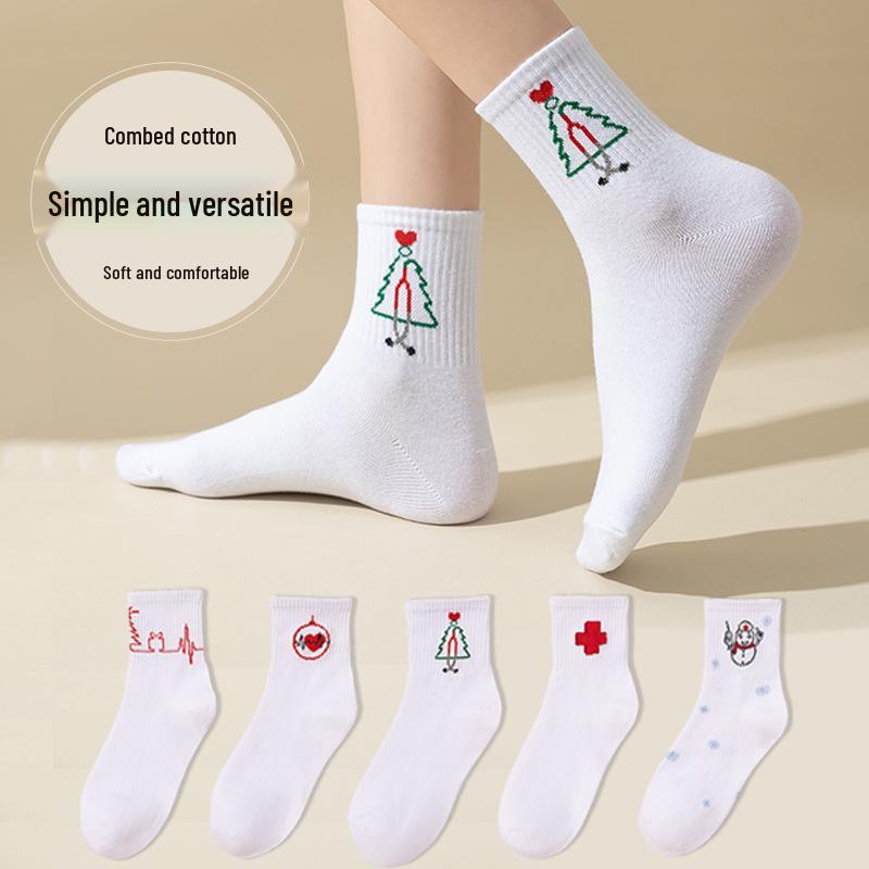 

Женские модные рождественские хлопковые носки до середины икры: Влагоотводящий, устойчивый к запахам, нескользящий мультяшный дизайн, идеально подходит для осени/зимы. One Size