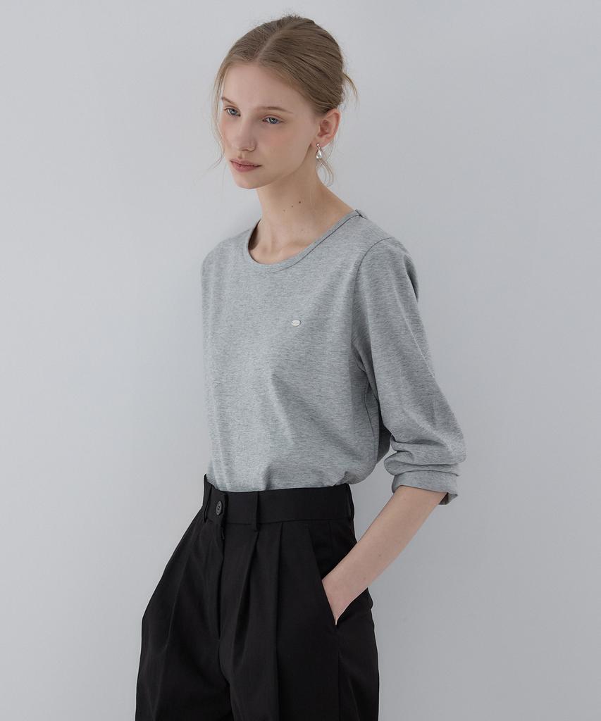 OURHOPE Logo Silky Round Neck Sleeve T-Shirt - Melange Grey