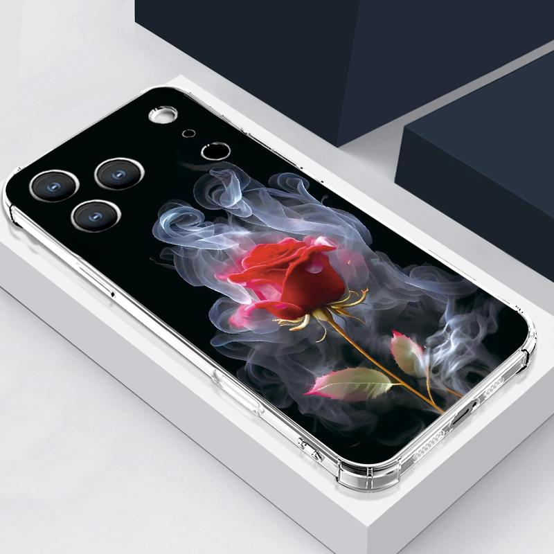 Scarlet Red Rose Flower Pattern Case For iPhone 17 Pro Max Coque iPhone 16 15 14 13 Pro Max 11 Shockproof Clear Soft Silicone Cover
