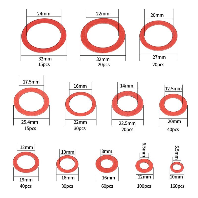 Neuestes 600-teiliges Fiber-Unterlegscheiben-Sortiment 12 Größen Roter Stahl Papierfaser Flache Unterlegscheiben-Sortiment Flache Ringdichtungssortiment