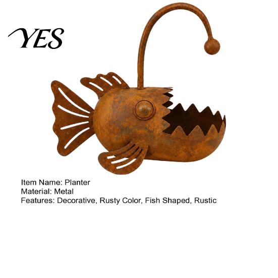 Distressed Iron Planter Fish Shaped Metal Planter, Rustic Anglerfish Flower Pot, Decorative Pot Rusty Plant for Succulents Cacti Small Plants Vintage