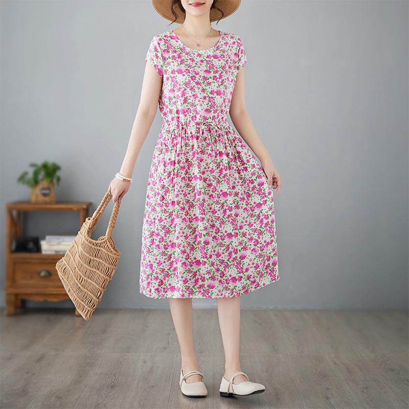 

Летнее платье А-силуэта из хлопка и шелка с цветочным принтом, 2025: Женский, Короткий Рукав, Свободная Талия, Приталенный Завязывающийся Миди XL