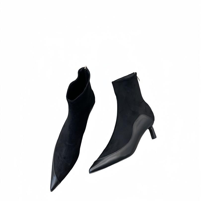 Suede splicing pointed flat bottom short boots versatile elastic soft sole fashion thin boots women's shoes