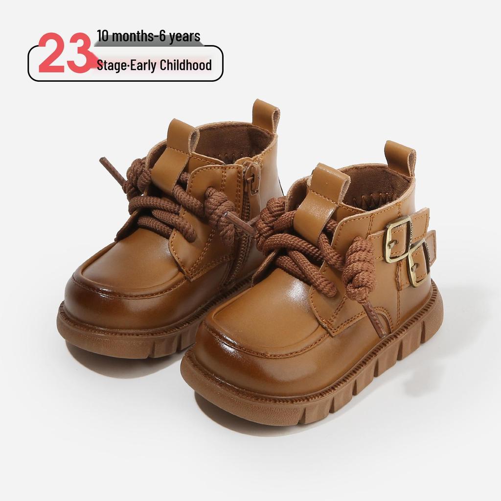 Autumn/Winter Non-slip Soft Sole Baby Walker Boots - British Style for Boys & Girls, Plus Velvet Leather