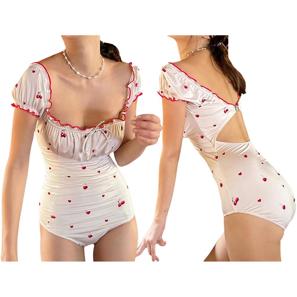 Damen-Bikini, kurzärmelig, rückenfrei, mit Kirschdruck, Sommer-Badeanzug, Schwimm- und Badebekleidung