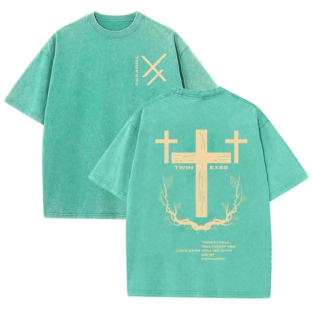 Retro Acid Wash Oversized Tee Christian Cross Paradise Letter Graphic Casual Men Women Streetwear T Shirt