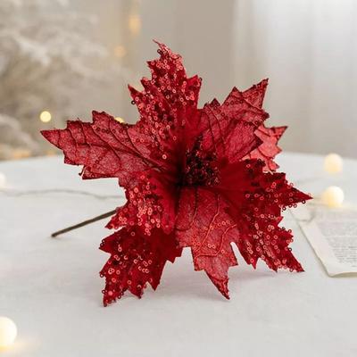 High Quality Fabric Plastic Christmas Artificial Flowers 25cm Ornaments Fake Flower DIY Decoration Glitter Poinsettia New Year